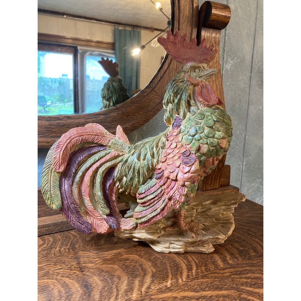 Vintage Style Hand Painted Rooster Figurine Farmhouse Decor Green Red 12 Inch